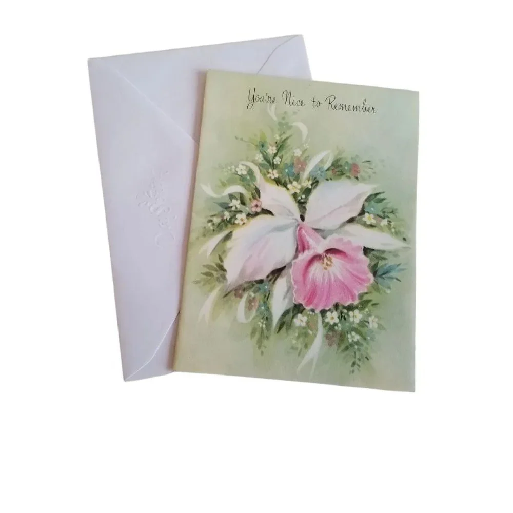 Vintage Greeting Card You're Nice to Remember Pink Flower Daffodil Floral Unused